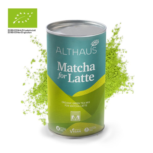 ALTHAUS Matcha Latte Pulver, Bio Grüntee-Mischung mit Rohrohrzucker, vegan glutenfrei laktosefrei, 400 g Dose, ca. 20 Portionen, mild-süßer Geschmack, schneller Genuss heiß oder kalt