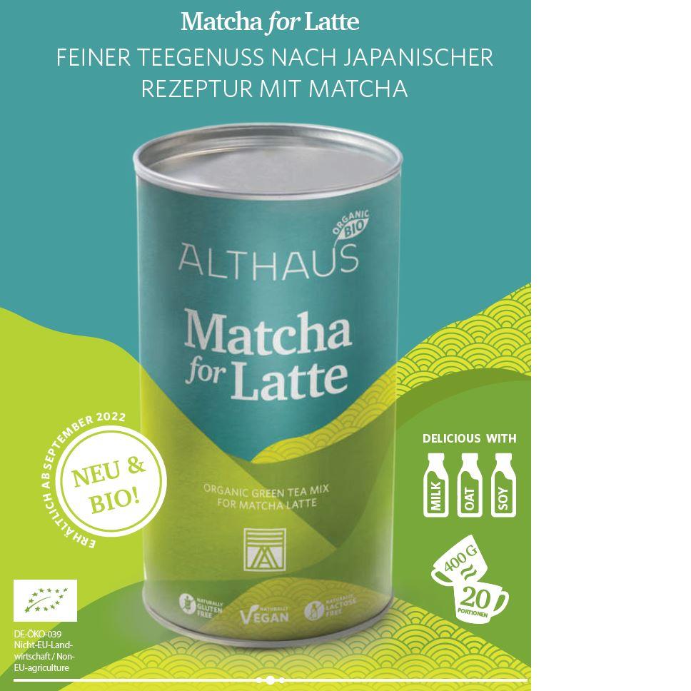 ALTHAUS Matcha Latte Pulver, Bio Grüntee-Mischung mit Rohrohrzucker, vegan glutenfrei laktosefrei, 400 g Dose, ca. 20 Portionen, mild-süßer Geschmack, schneller Genuss heiß oder kalt