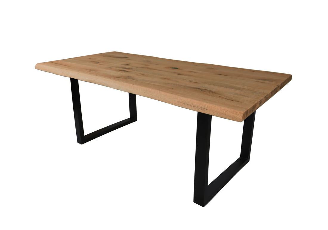 Dining Table Wild Oak Solid with Live Edge – 4.5 cm Tabletop (doubled-up), U-shaped Metal Base Black, pure oiled (140–240 cm)