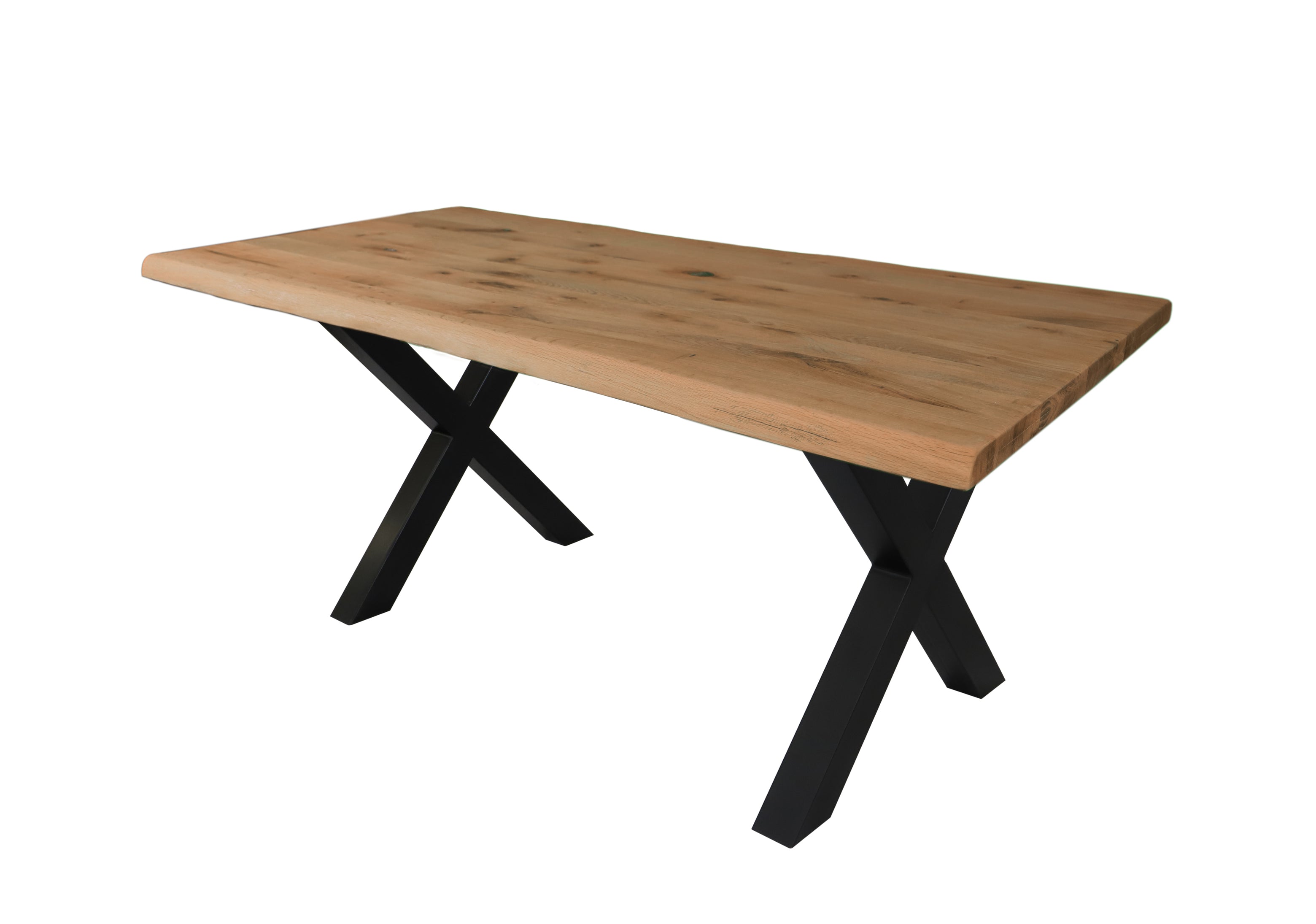 ELIS Dining Table Wild Oak Solid with Live Edge – 4.5 cm Top (doubled), X-Leg Metal Black, Oiled (160–260 cm)