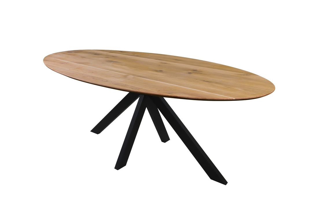 Dining Table EMIL Oval Wild Oak Solid – Swiss Edge, 3 cm Top, Spider Base Metal Black, Oiled (200/220x100 cm)