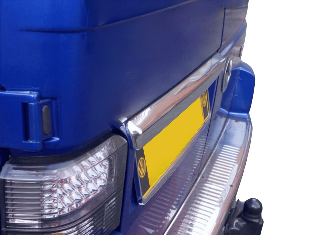 VW T4 Transporter Tailgate Number Plate Trim Stainless Steel – Barndoor Number Plate Trim, Chrome/Mirror Finish, with 3M Tape (1991–2003)