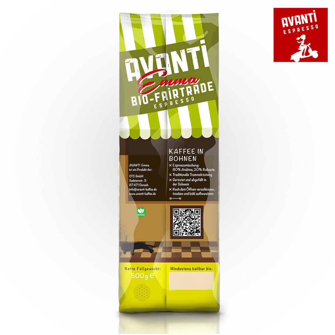 Caffè AVANTI EMMA Organic Fairtrade Espresso – 500 g Beans (80% Arabica / 20% Robusta), mild & fruity, Swiss Roast