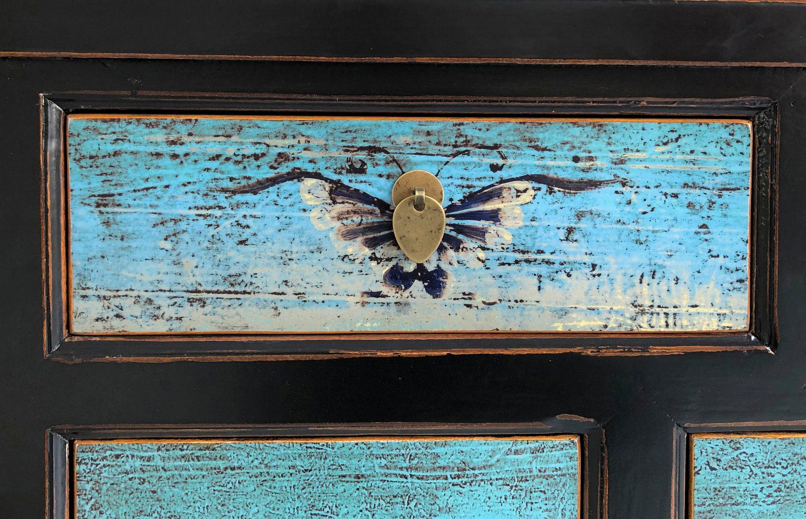 Vintage Asia Oriental Chest Sideboard Cabinet Turquoise Blue - Item No. 34372-5