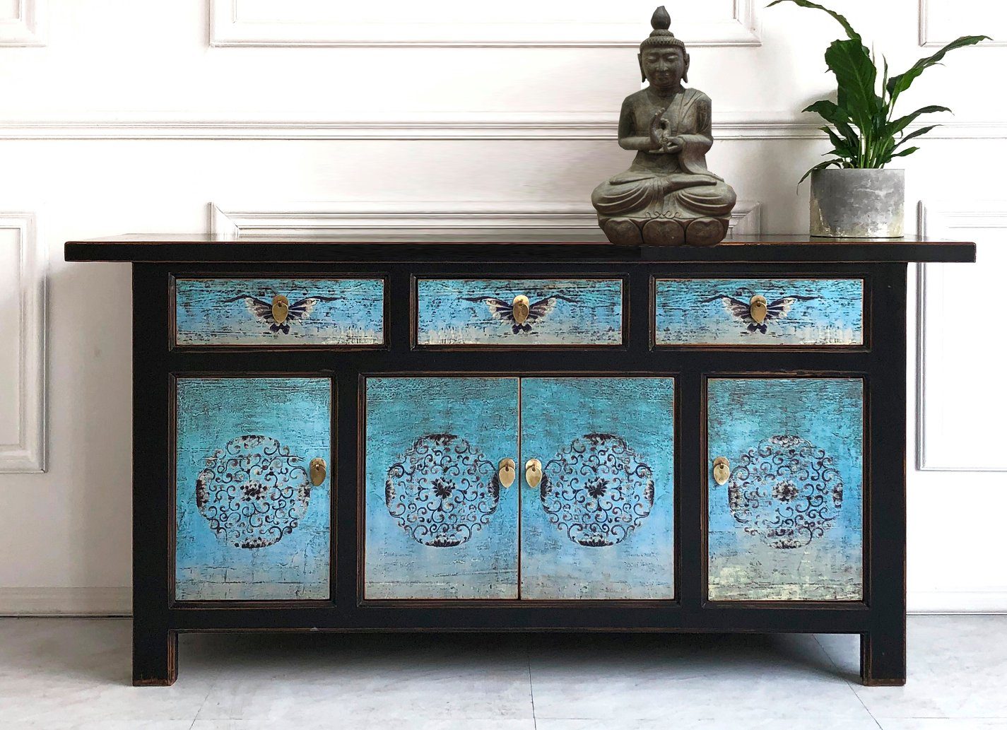 Vintage Asia Oriental Chest Sideboard Cabinet Turquoise Blue - Item No. 34372-5