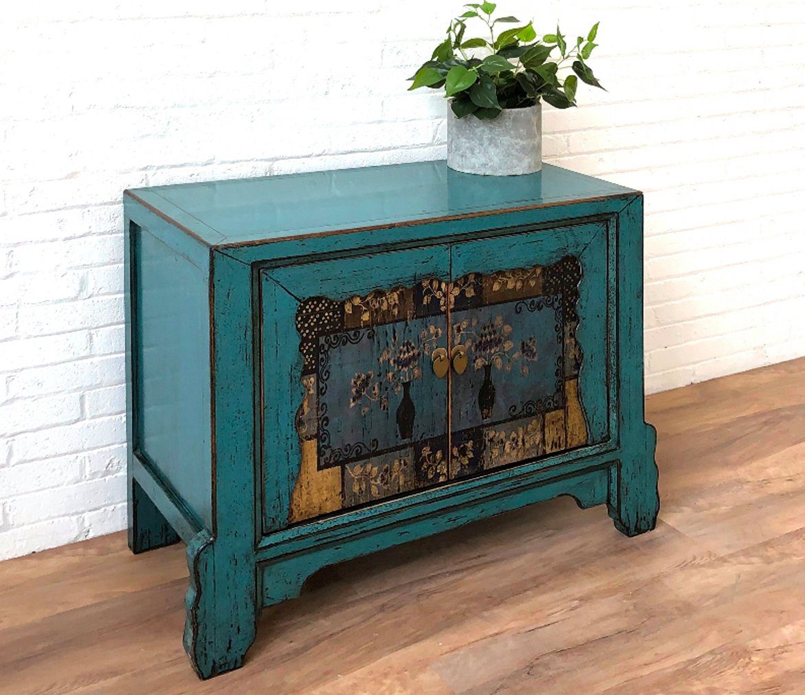 Vintage Asia Asian Chest of Drawers Sideboard Blue "Oceanflowers" - Art. 34740-5