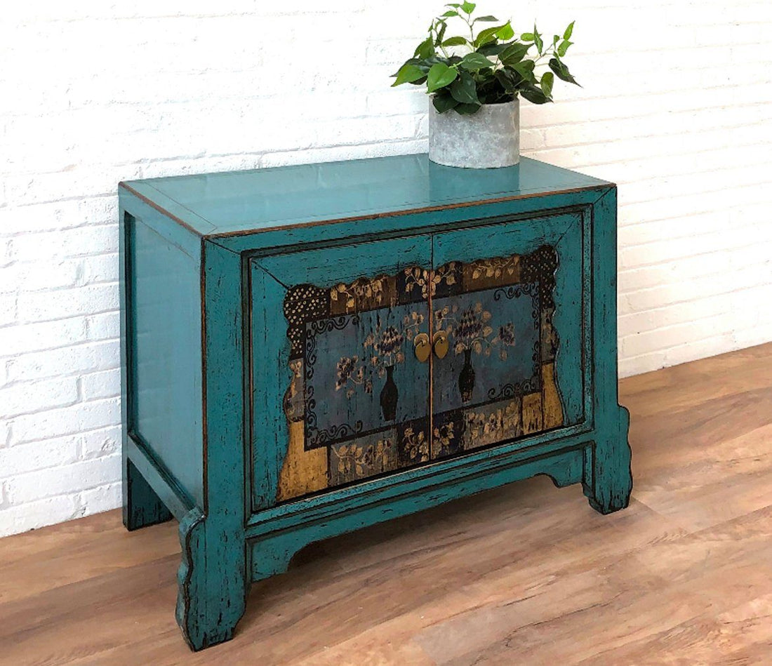 Vintage Asia Asian Chest of Drawers Sideboard Blue "Oceanflowers" - Art. 34740-5