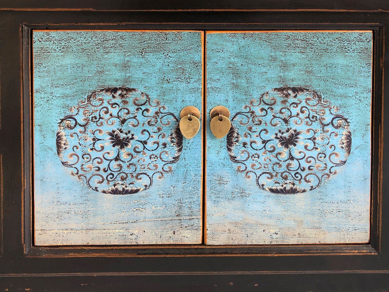 Vintage Asia Asian Lowboard Chest of Drawers Bench Turquoise-Black - Art. 35208-5