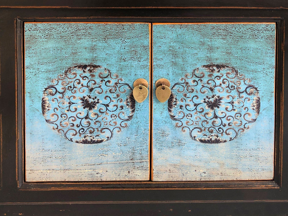 Vintage Asia Asian Lowboard Chest of Drawers Bench Turquoise-Black - Art. 35208-5