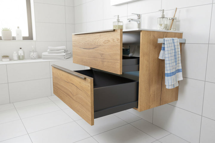 GEBA Vanity Unit with Sink, handleless, pre-assembled – in 80/90/100 cm width, colors Natural Oak or White