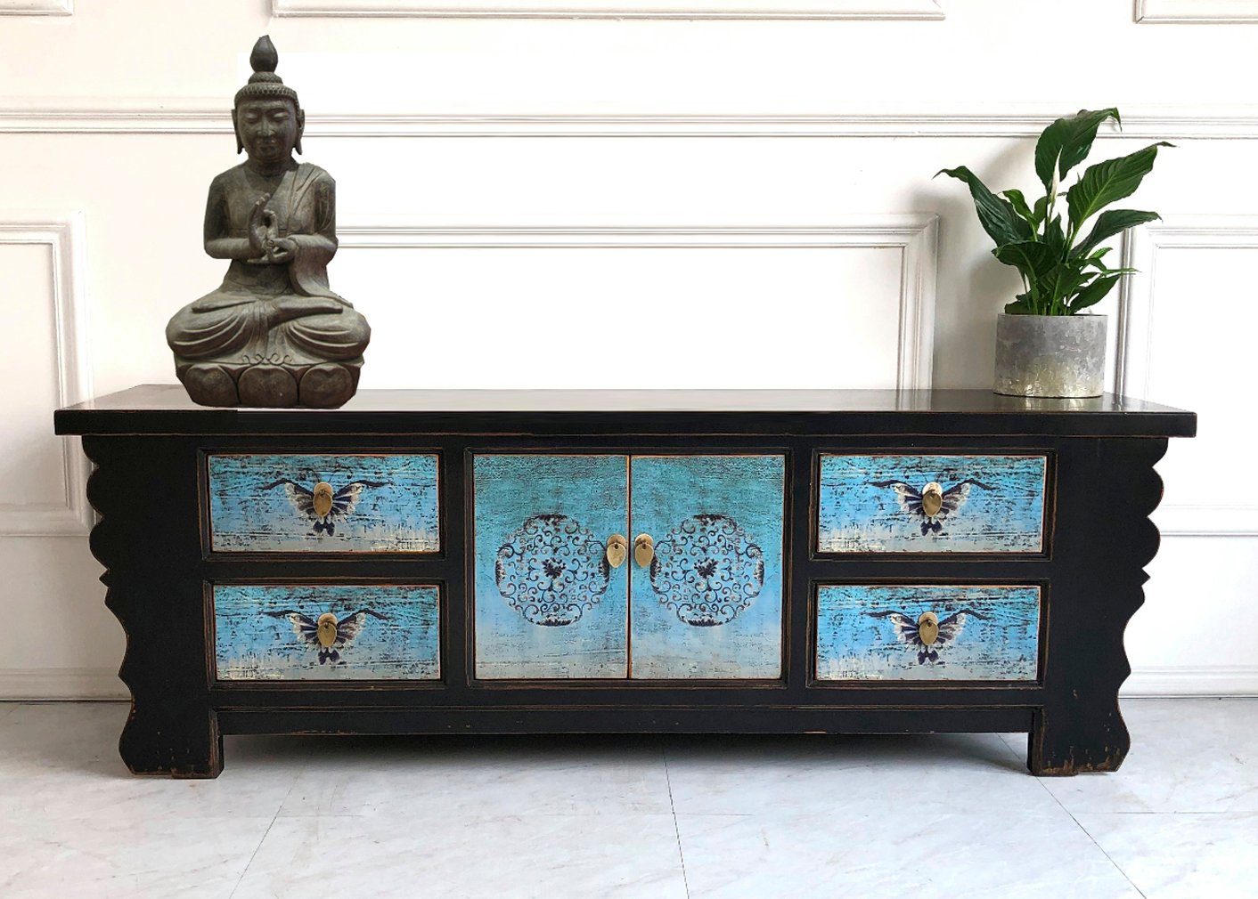Vintage Asia Asian Lowboard Chest of Drawers Bench Turquoise-Black - Art. 35208-5
