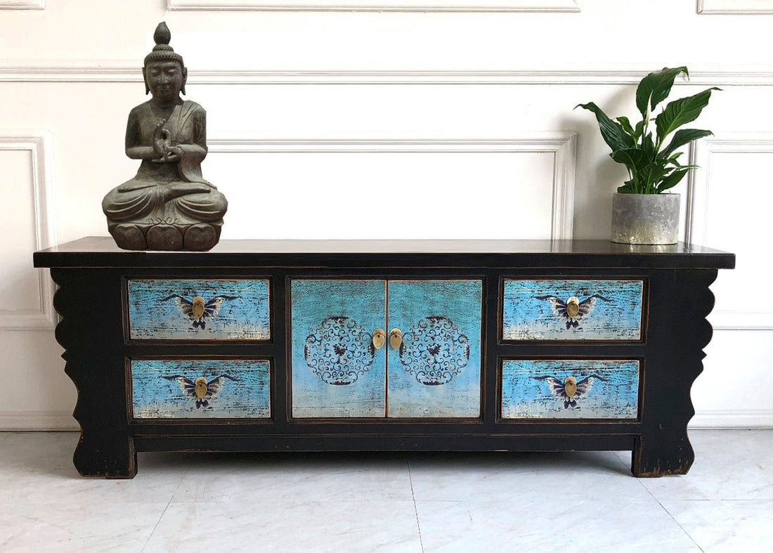Vintage Asia Asian Lowboard Chest of Drawers Bench Turquoise-Black - Art. 35208-5