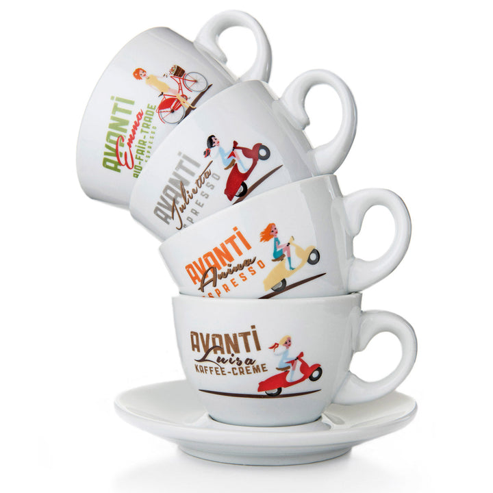 AVANTI Espresso Cups Mix - Set of 4 incl. Saucers (JULIETTA, ANINA, LUISA, EMMA), 70 ml, thick-walled & robust