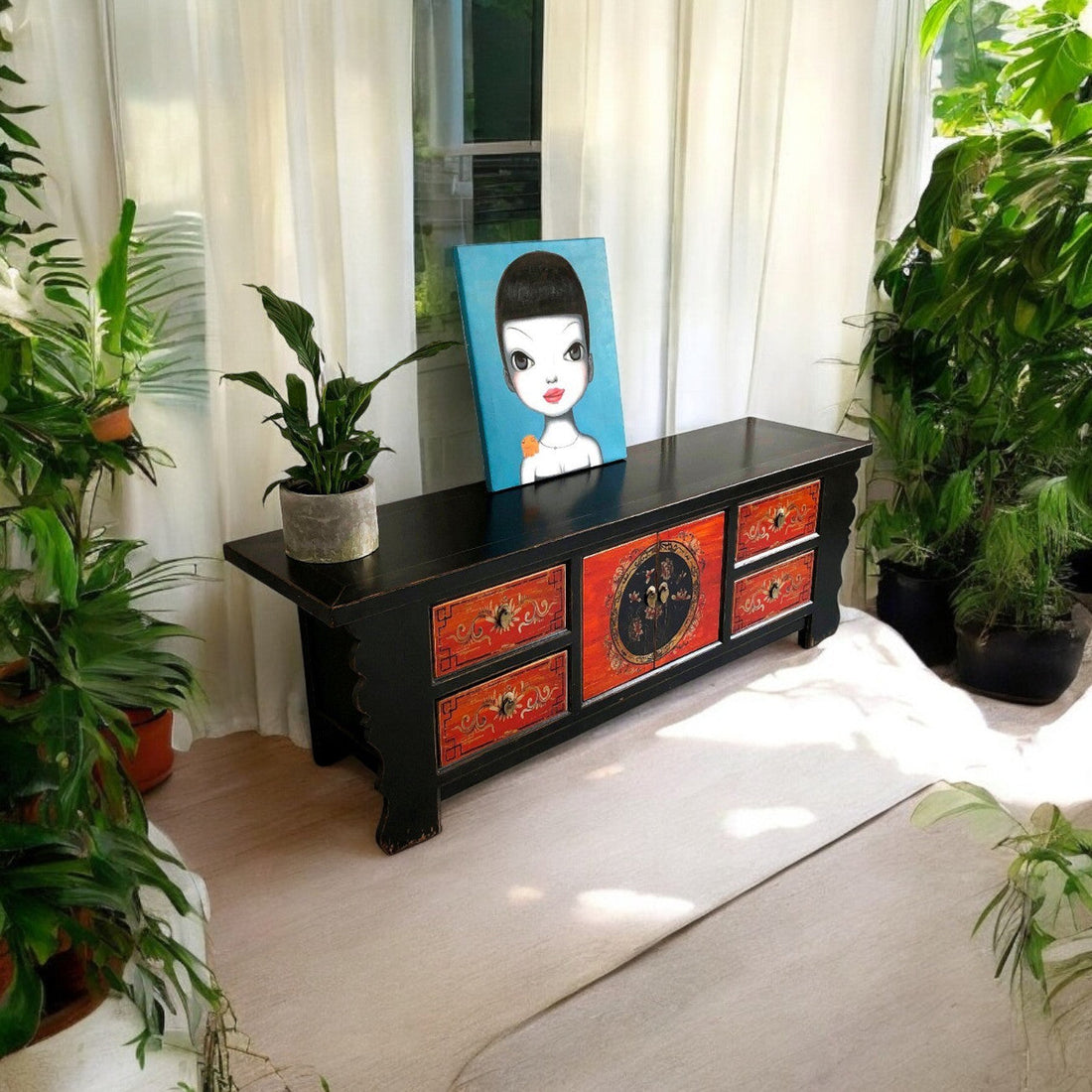Vintage Asia Asian Lowboard Chest Bench "Coalflowers" - Item no. 35208-6