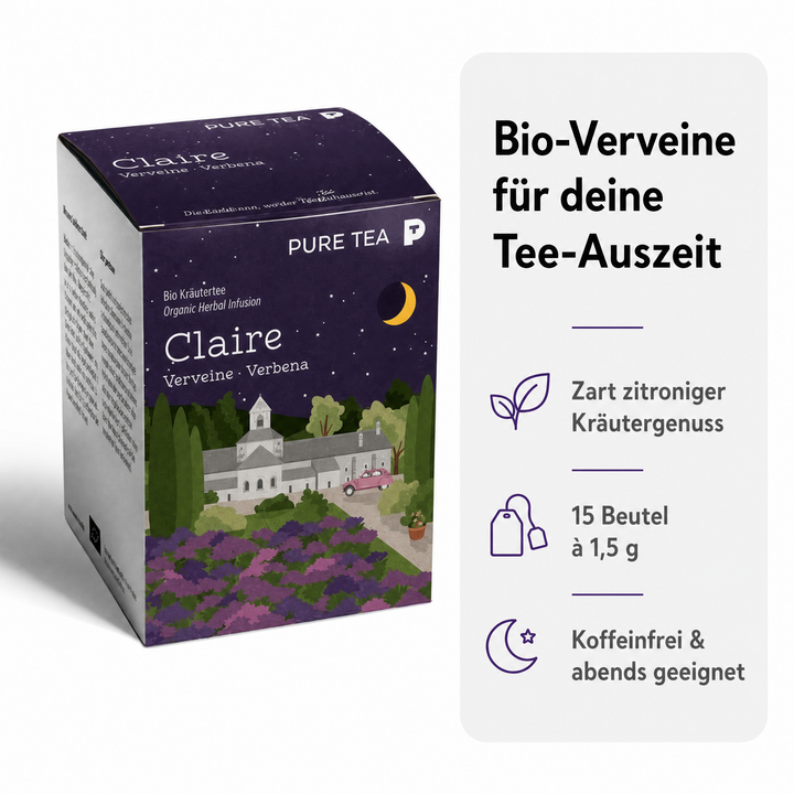 PURE TEA Zitronenverbene Tee Claire Verveine, Bio Kräutertee im handgenähten Kissen-Teebeutel, 15 x 1,5 g, zart zitroniger Geschmack, Dispenserbox 12 x 9 x 9 cm