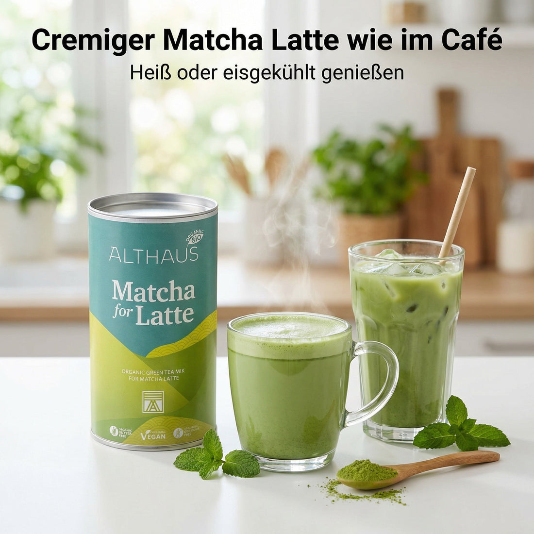 ALTHAUS Matcha Latte Pulver, Bio Grüntee-Mischung mit Rohrohrzucker, vegan glutenfrei laktosefrei, 400 g Dose, ca. 20 Portionen, mild-süßer Geschmack, schneller Genuss heiß oder kalt