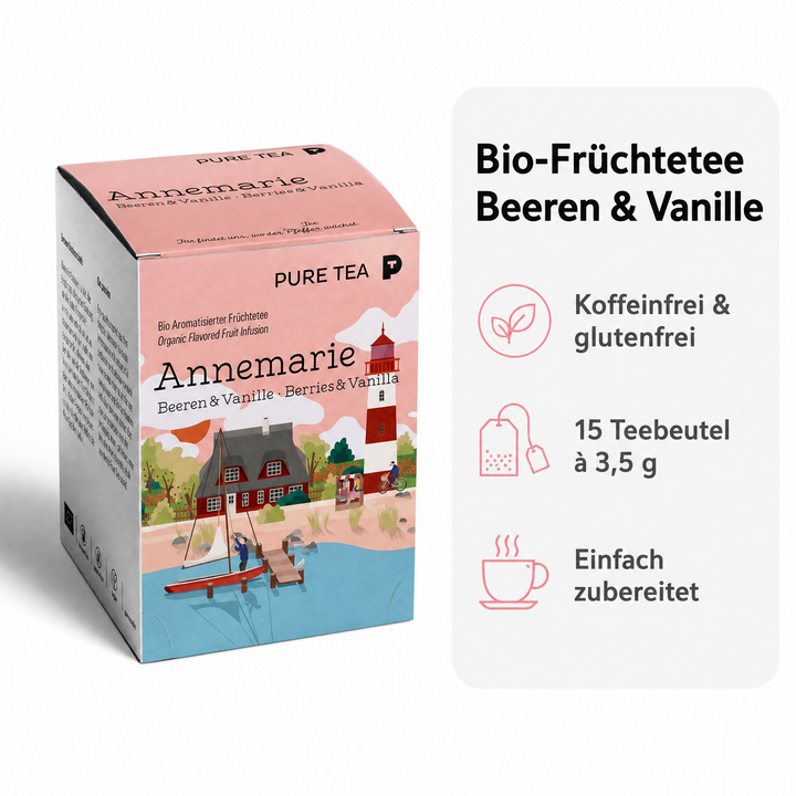 Pure Tea Früchtetee Bio Annemarie Beeren & Vanille, 15 Teebeutel à 3,5 g, aromatisierter Bio-Früchtetee, koffeinfrei & glutenfrei, EU‑Bio (PL‑EKO‑01), Dispenserbox