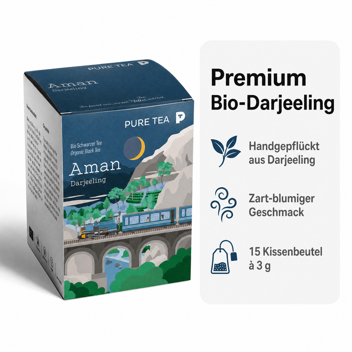 PURE TEA Aman Darjeeling Tee, Bio-Schwarztee mit g.g.A., handgepflückt im Himalaya, handgenähte Kissenbeutel, einzeln verpackt und aromaversiegelt, Dispenserbox, kontrolliert biologischer Anbau gemäß EU-Öko-Standards (Kontrollstelle PL-EKO-01)