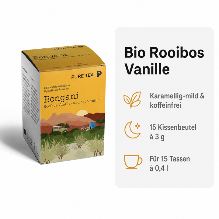 PURE TEA Rooibos Tee Bongani Vanille, aromatisierter Rotbuschtee, Bio, 15 Kissenbeutel à 3 g (45 g), koffeinfrei, flache handgenähte Beutel, Dispenserbox 12 × 9 × 9 cm