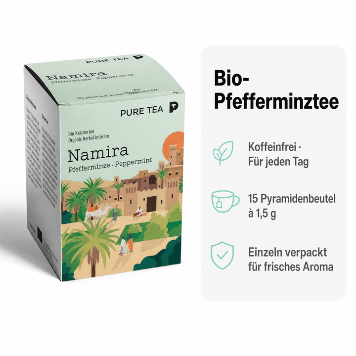 PURE TEA Namira Bio-Pfefferminztee, Kräutertee, 15 Kissenbeutel einzeln verpackt, Dispenserbox 12 x 9 x 9 cm, koffeinfrei, aus biologischem Anbau, mit nordafrikanischem Landschaftsmotiv