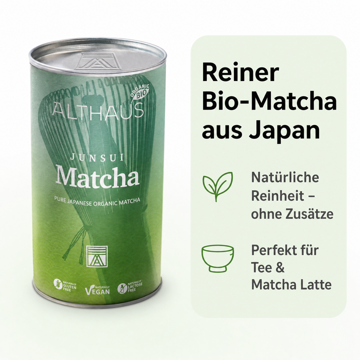 ALTHAUS Junsui Matcha – Japanisches Matcha Pulver, Top-Qualität, reiner japanischer Matcha-Tee, fein gemahlen, leuchtend grün, 150 g in der Dose, vegan, glutenfrei, laktosefrei