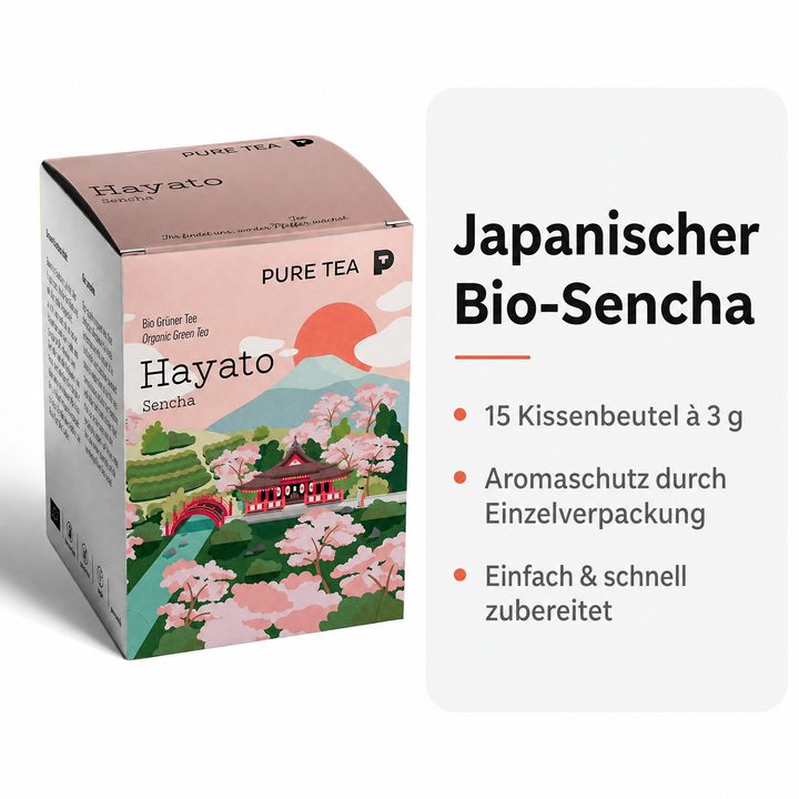 Pure Tea Grüner Tee Sencha Hayato, japanischer Bio Grüntee im Kissenbeutel, 15 Beutel à 3 g, Premiumqualität, Dispenserbox, frisch-duftiges Aroma