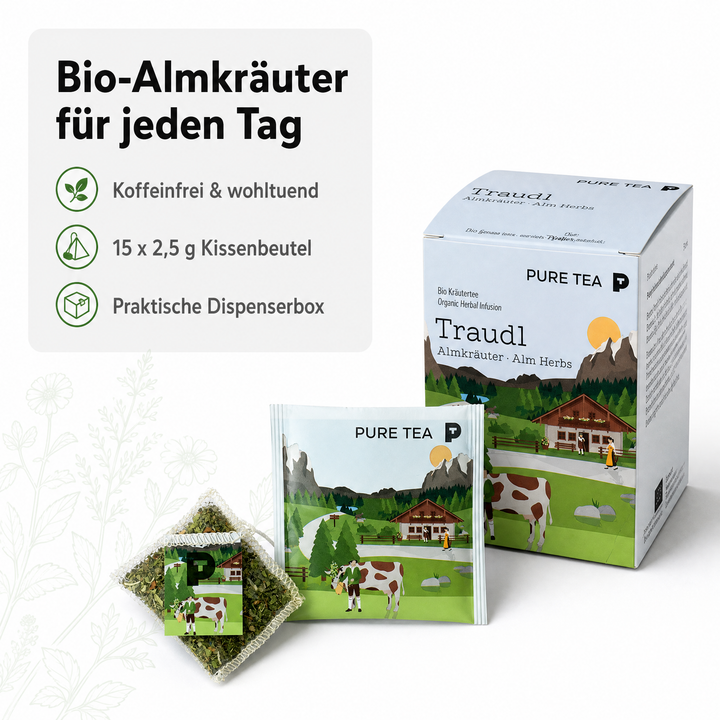 PURE TEA Traudl Bio Kräutertee Almkräuter, koffeinfreier Alpenkräuter Tee als Kräutermischung mit Spitzwegerich, Apfelminze & Melisse, einzeln verpackte Kissenbeutel in Dispenserbox