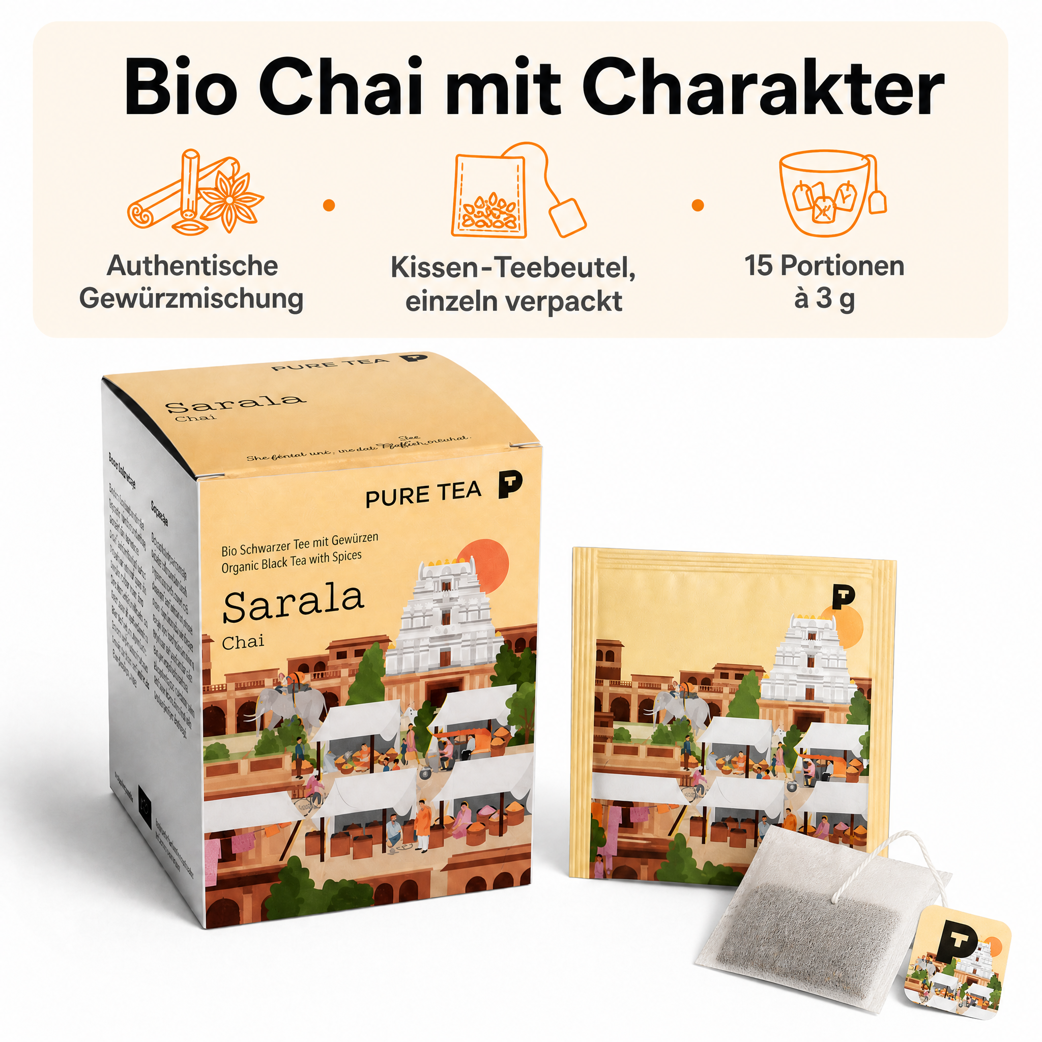 Pure Tea Chai Tee Sarala Chai, Bio-Schwarztee als Gewürztee mit Zimt, Fenchel, Ingwer, Nelken & Anis, Pyramiden-Teebeutel, einzeln verpackt in Dispenserbox, 12 x 9 x 9 cm
