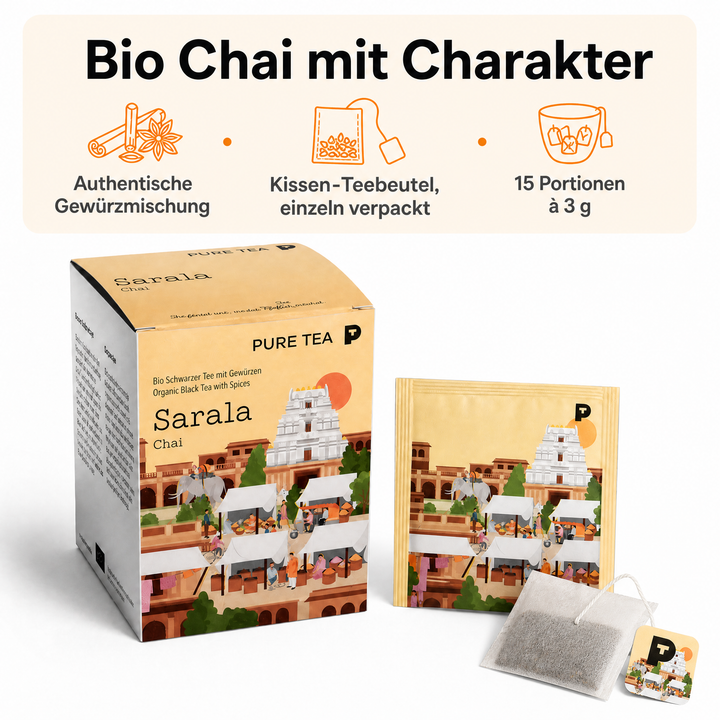 Pure Tea Chai Tee Sarala Chai, Bio-Schwarztee als Gewürztee mit Zimt, Fenchel, Ingwer, Nelken & Anis, Pyramiden-Teebeutel, einzeln verpackt in Dispenserbox, 12 x 9 x 9 cm
