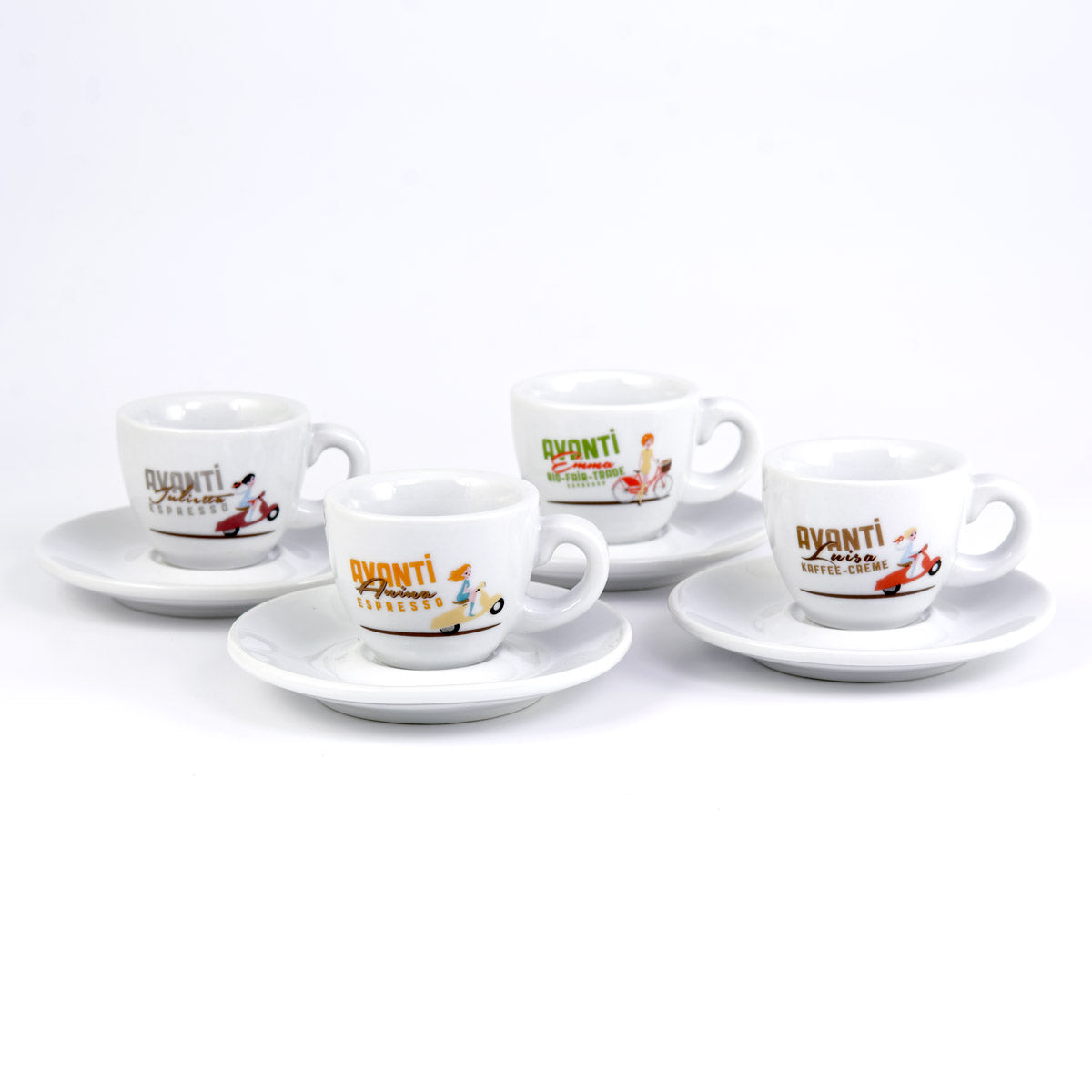 AVANTI Espresso Cups Mix - Set of 4 incl. Saucers (JULIETTA, ANINA, LUISA, EMMA), 70 ml, thick-walled & robust