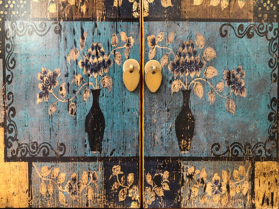 Vintage Asia Asian Chest of Drawers Sideboard Blue "Oceanflowers" - Art. 34740-5