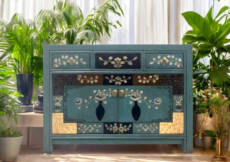 Vintage Asia Chinese Chest of Drawers Sideboard Shelf "Oceanflowers" - Item 33082-5