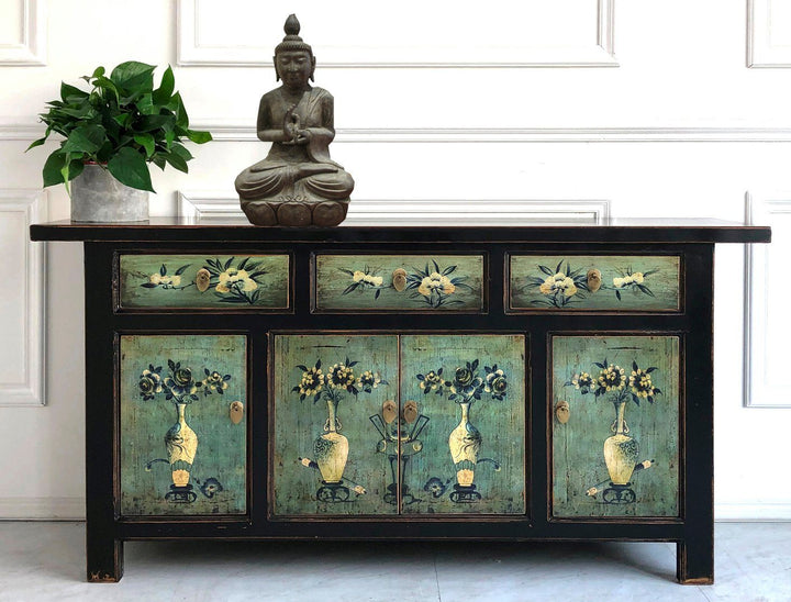 Vintage Asia Oriental Chest Sideboard Cabinet Mint Green - Item 34372-6