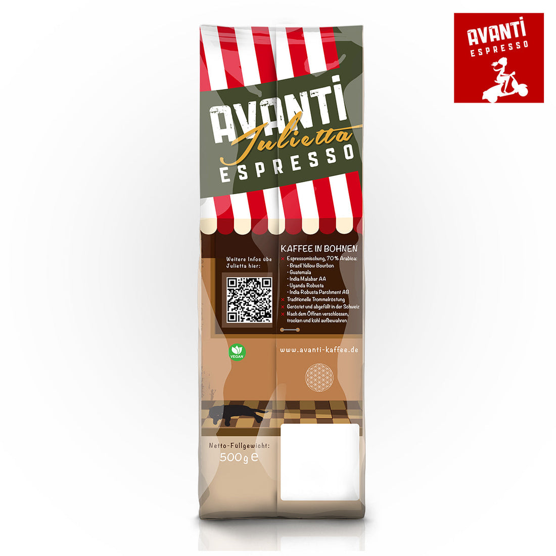Caffè AVANTI Espresso "Julietta" - 500g Beans (70% Arabica / 30% Robusta), strong & creamy, Italian drum roast