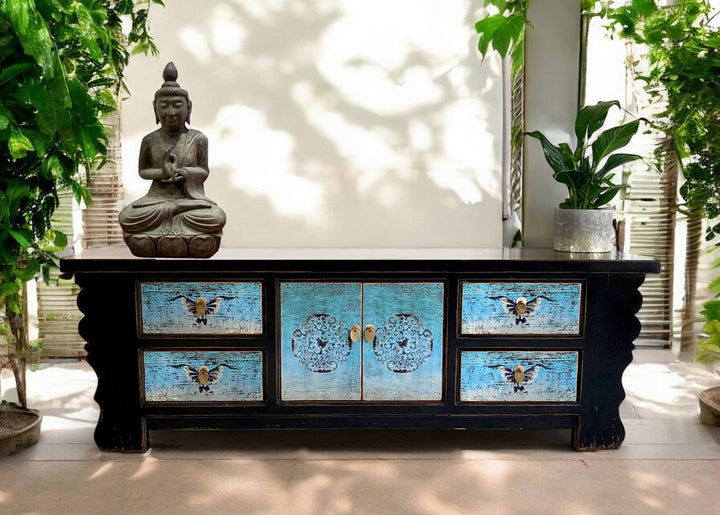 Vintage Asia Asian Lowboard Chest of Drawers Bench Turquoise-Black - Art. 35208-5