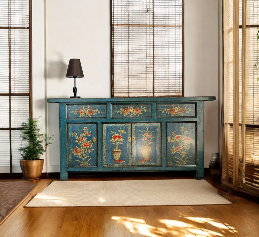 Vintage Asia Orientalische Kommode Sideboard Schrank Blau-Orange - Art. 34372-1
