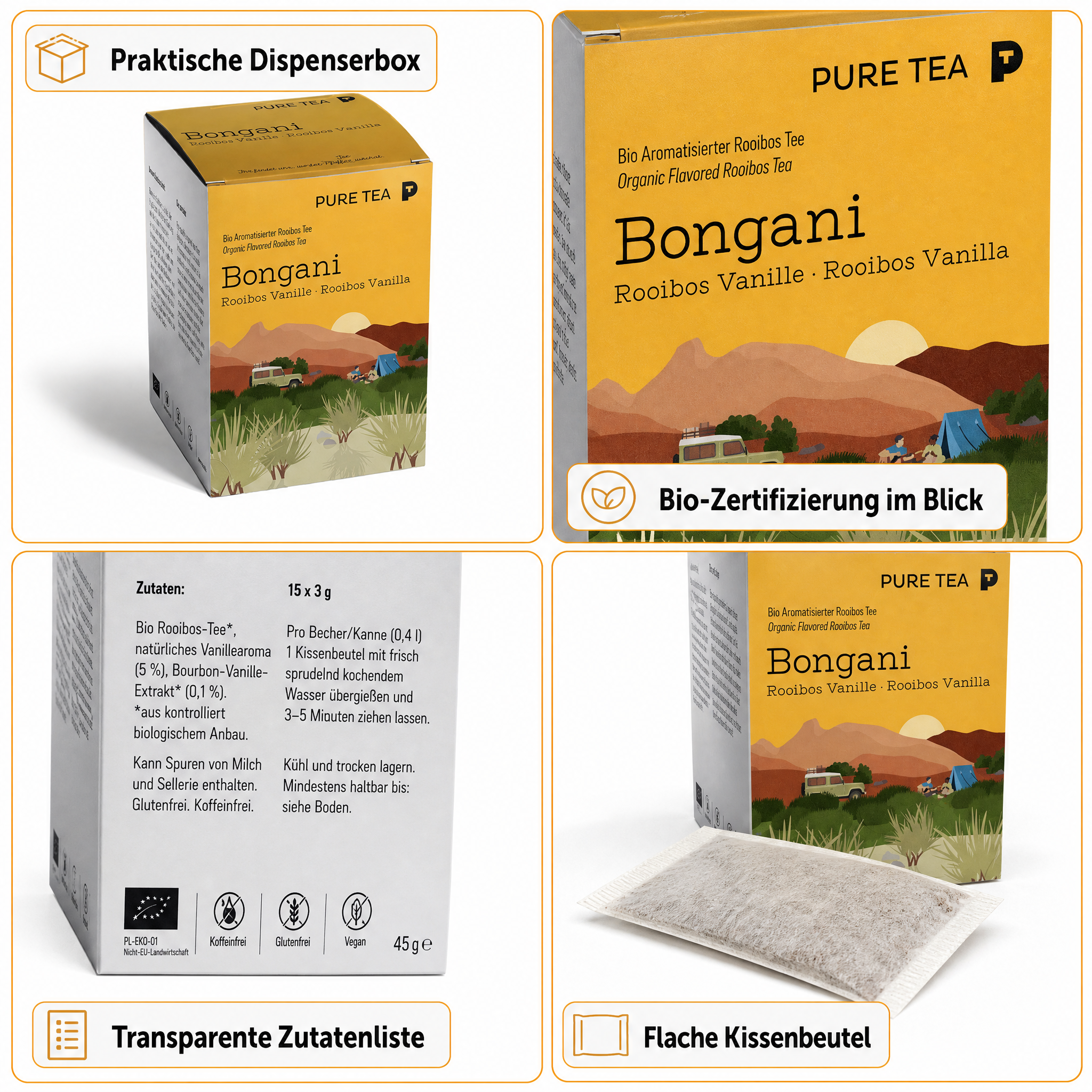 PURE TEA Rooibos Tee Bongani Vanille, aromatisierter Rotbuschtee, Bio, 15 Kissenbeutel à 3 g (45 g), koffeinfrei, flache handgenähte Beutel, Dispenserbox 12 × 9 × 9 cm