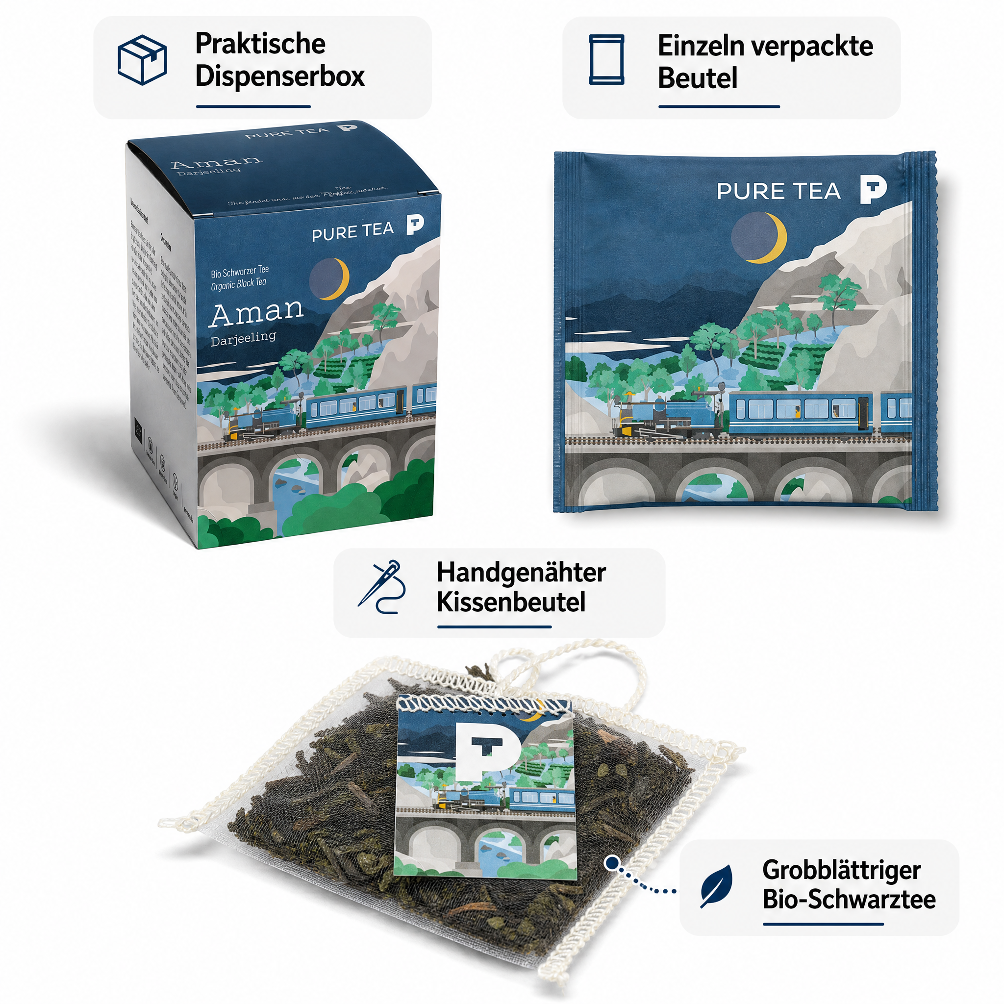PURE TEA Aman Darjeeling Tee, Bio-Schwarztee mit g.g.A., handgepflückt im Himalaya, handgenähte Kissenbeutel, einzeln verpackt und aromaversiegelt, Dispenserbox, kontrolliert biologischer Anbau gemäß EU-Öko-Standards (Kontrollstelle PL-EKO-01)