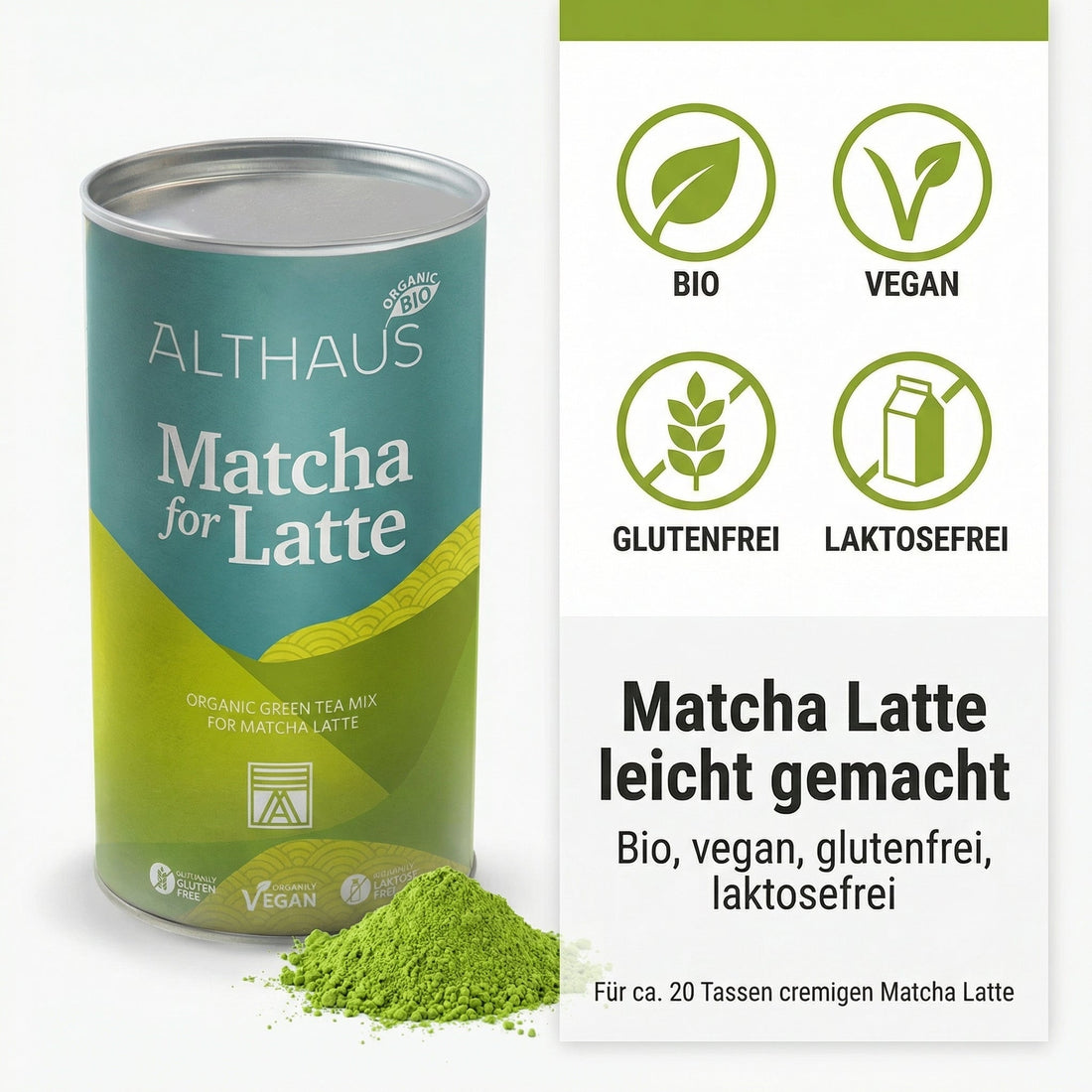 ALTHAUS Matcha Latte Pulver, Bio Grüntee-Mischung mit Rohrohrzucker, vegan glutenfrei laktosefrei, 400 g Dose, ca. 20 Portionen, mild-süßer Geschmack, schneller Genuss heiß oder kalt