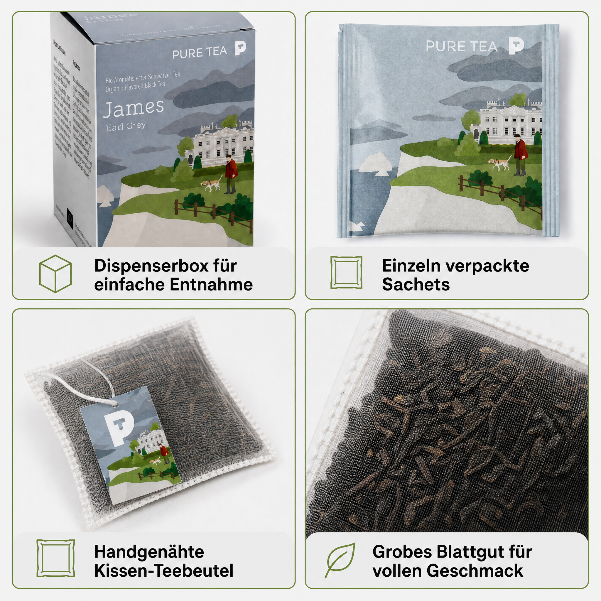 Pure Tea James Earl Grey Teebeutel, Bio-Schwarztee mit Bergamotte, aromatisierter schwarzer Tee im Kissenbeutel, einzeln verpackt in eleganter Dispenserbox, britischer Afternoon-Tea-Genuss