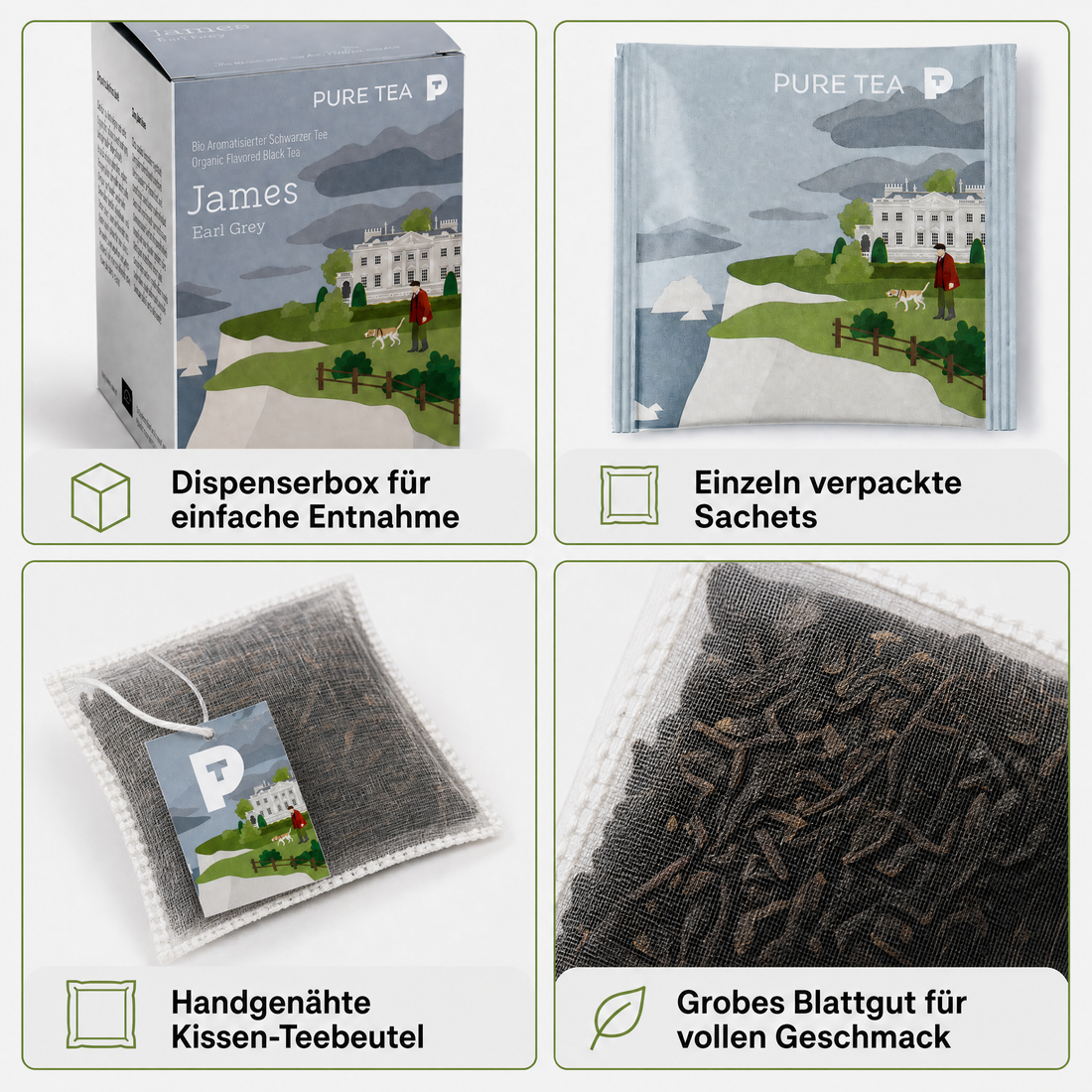 Pure Tea James Earl Grey Teebeutel, Bio-Schwarztee mit Bergamotte, aromatisierter schwarzer Tee im Kissenbeutel, einzeln verpackt in eleganter Dispenserbox, britischer Afternoon-Tea-Genuss