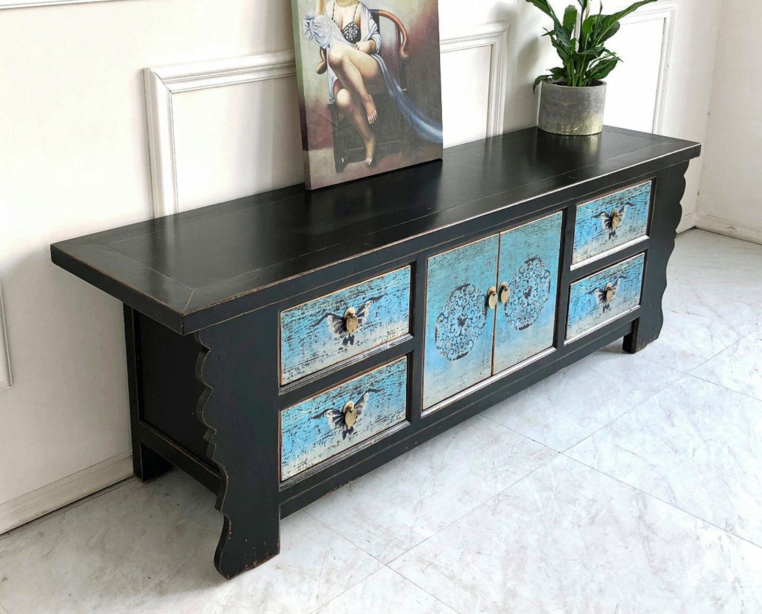 Vintage Asia Asian Lowboard Chest of Drawers Bench Turquoise-Black - Art. 35208-5