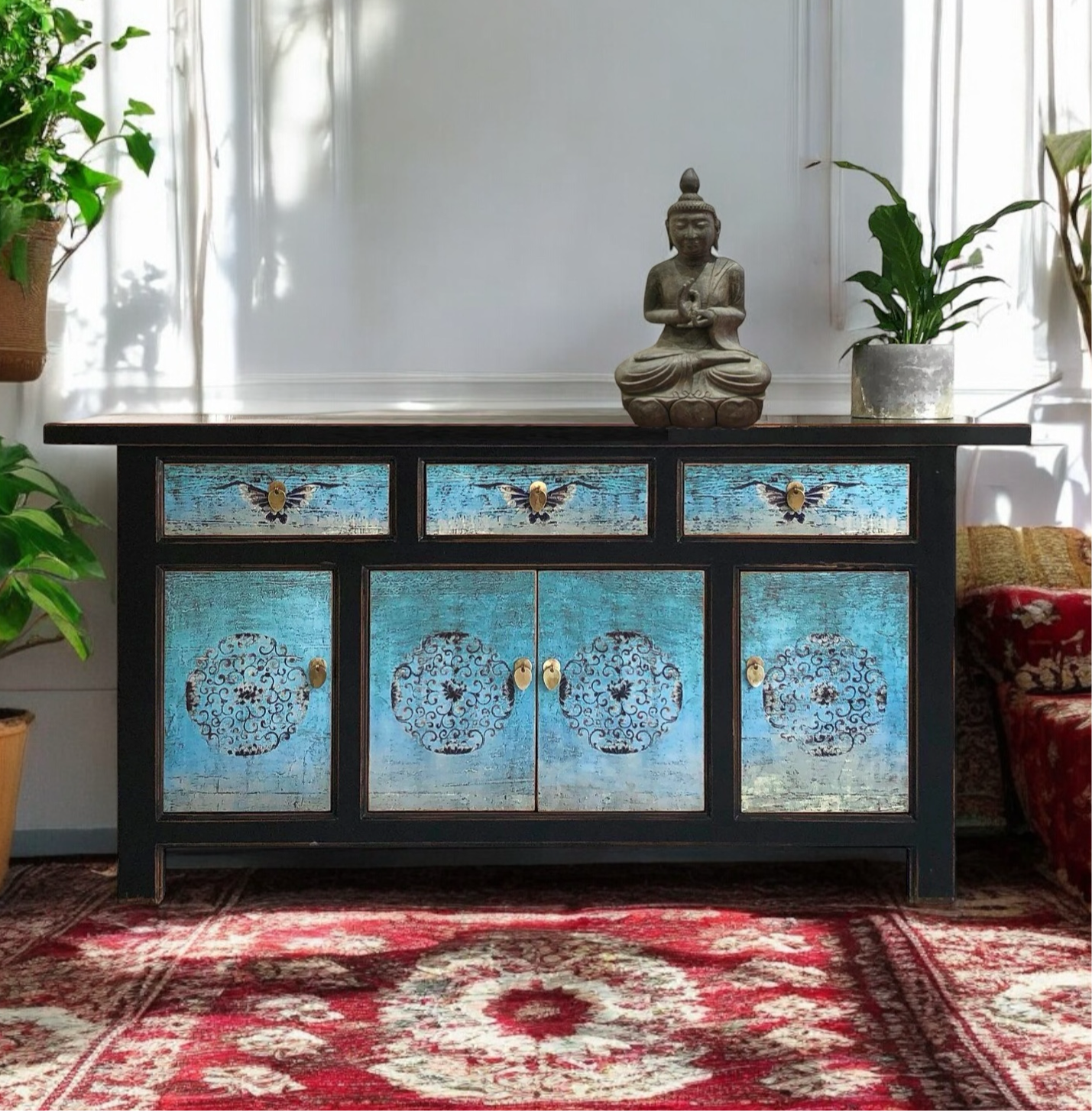 Vintage Asia Oriental Chest Sideboard Cabinet Turquoise Blue - Item No. 34372-5