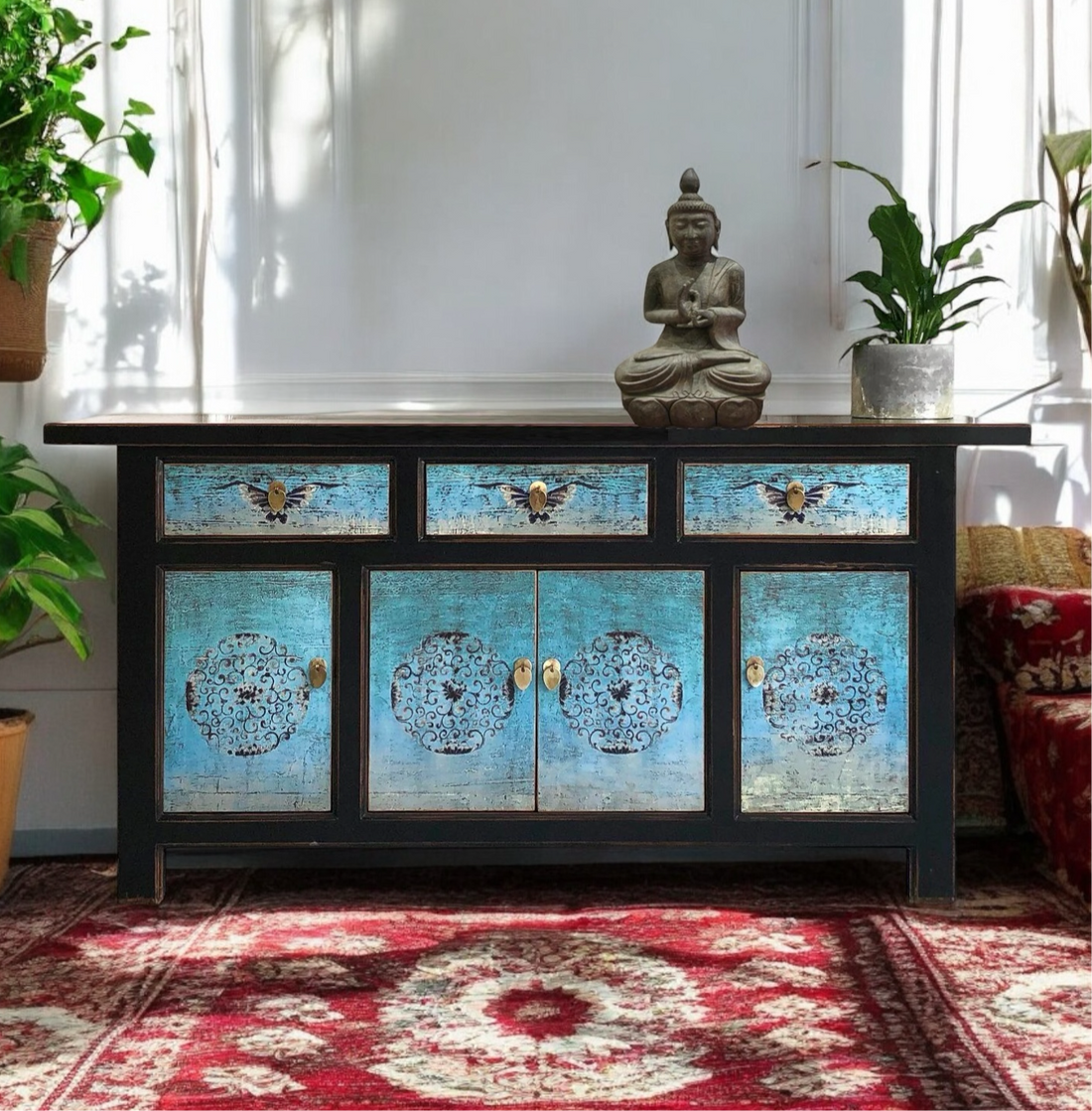 Vintage Asia Oriental Chest Sideboard Cabinet Turquoise Blue - Item No. 34372-5
