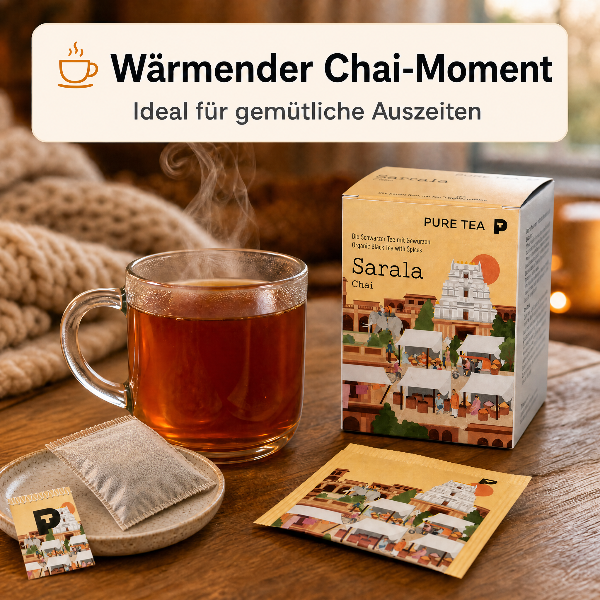 Pure Tea Chai Tee Sarala Chai, Bio-Schwarztee als Gewürztee mit Zimt, Fenchel, Ingwer, Nelken & Anis, Pyramiden-Teebeutel, einzeln verpackt in Dispenserbox, 12 x 9 x 9 cm