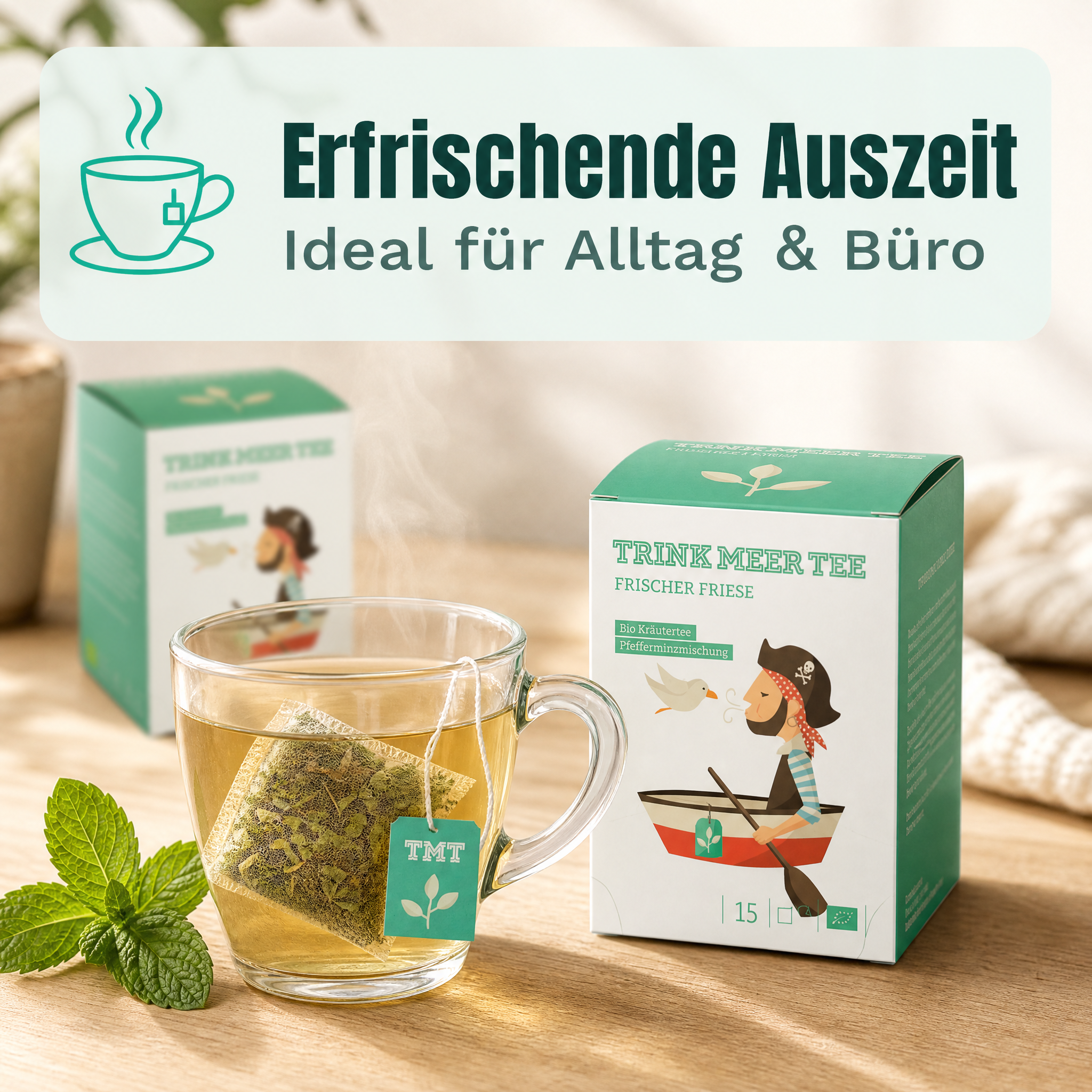 Trink Meer Tee Pfefferminztee Frischer Friese Bio Kräutertee in Teebeuteln, erfrischend und aromatisch, handgenähte Kissenbeutel aus Netzmaterial, maritimes Design, hergestellt in Deutschland - 15 x 1,5g Beutel