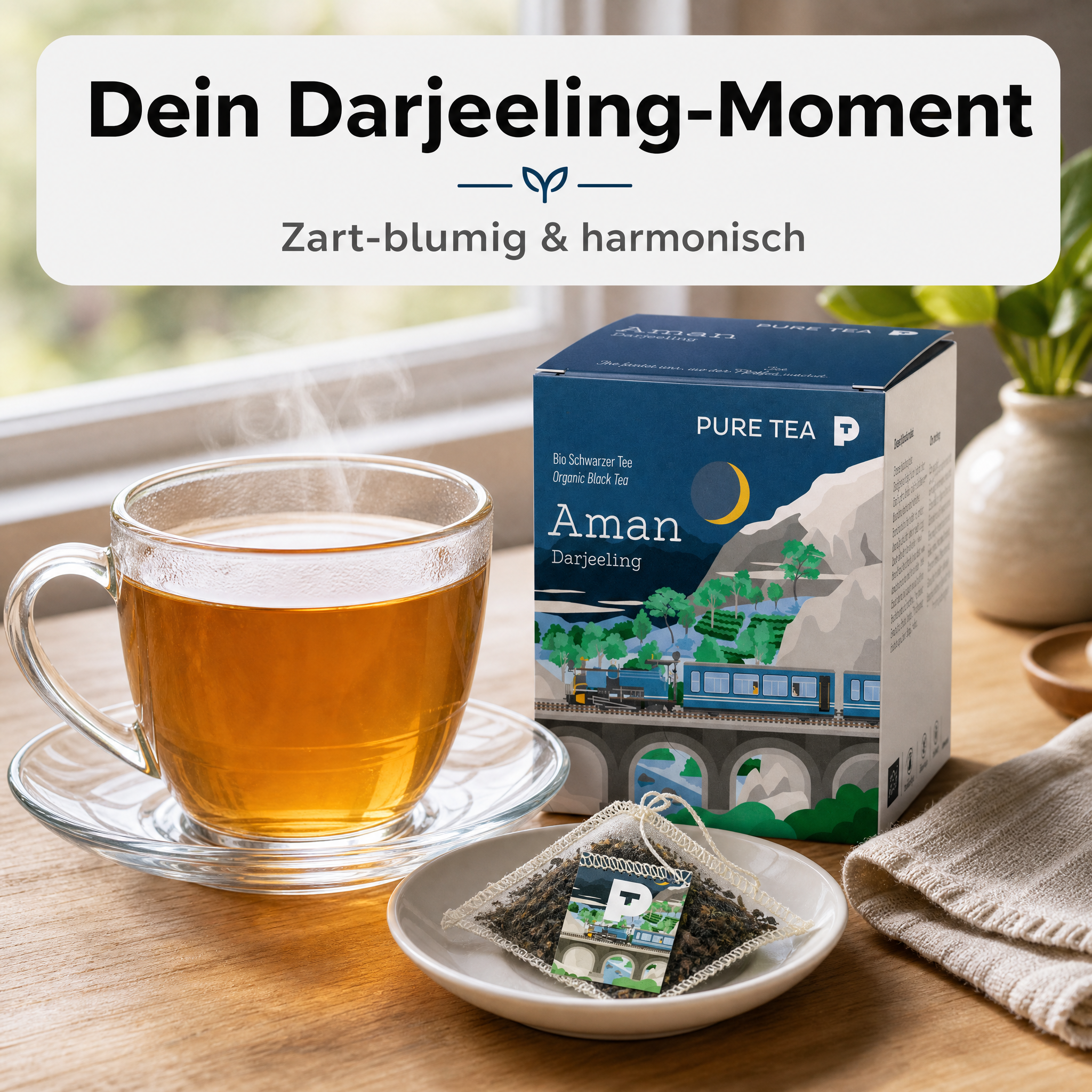 PURE TEA Aman Darjeeling Tee, Bio-Schwarztee mit g.g.A., handgepflückt im Himalaya, handgenähte Kissenbeutel, einzeln verpackt und aromaversiegelt, Dispenserbox, kontrolliert biologischer Anbau gemäß EU-Öko-Standards (Kontrollstelle PL-EKO-01)