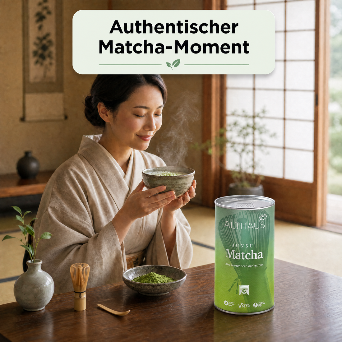 ALTHAUS Junsui Matcha – Japanisches Matcha Pulver, Top-Qualität, reiner japanischer Matcha-Tee, fein gemahlen, leuchtend grün, 150 g in der Dose, vegan, glutenfrei, laktosefrei
