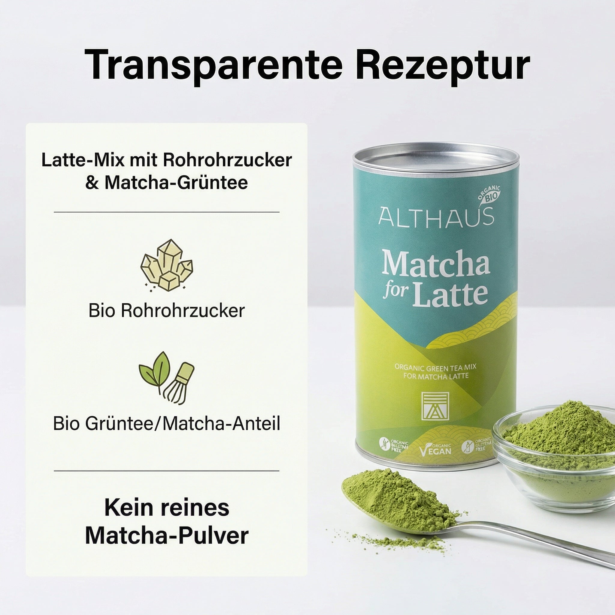 ALTHAUS Matcha Latte Pulver, Bio Grüntee-Mischung mit Rohrohrzucker, vegan glutenfrei laktosefrei, 400 g Dose, ca. 20 Portionen, mild-süßer Geschmack, schneller Genuss heiß oder kalt