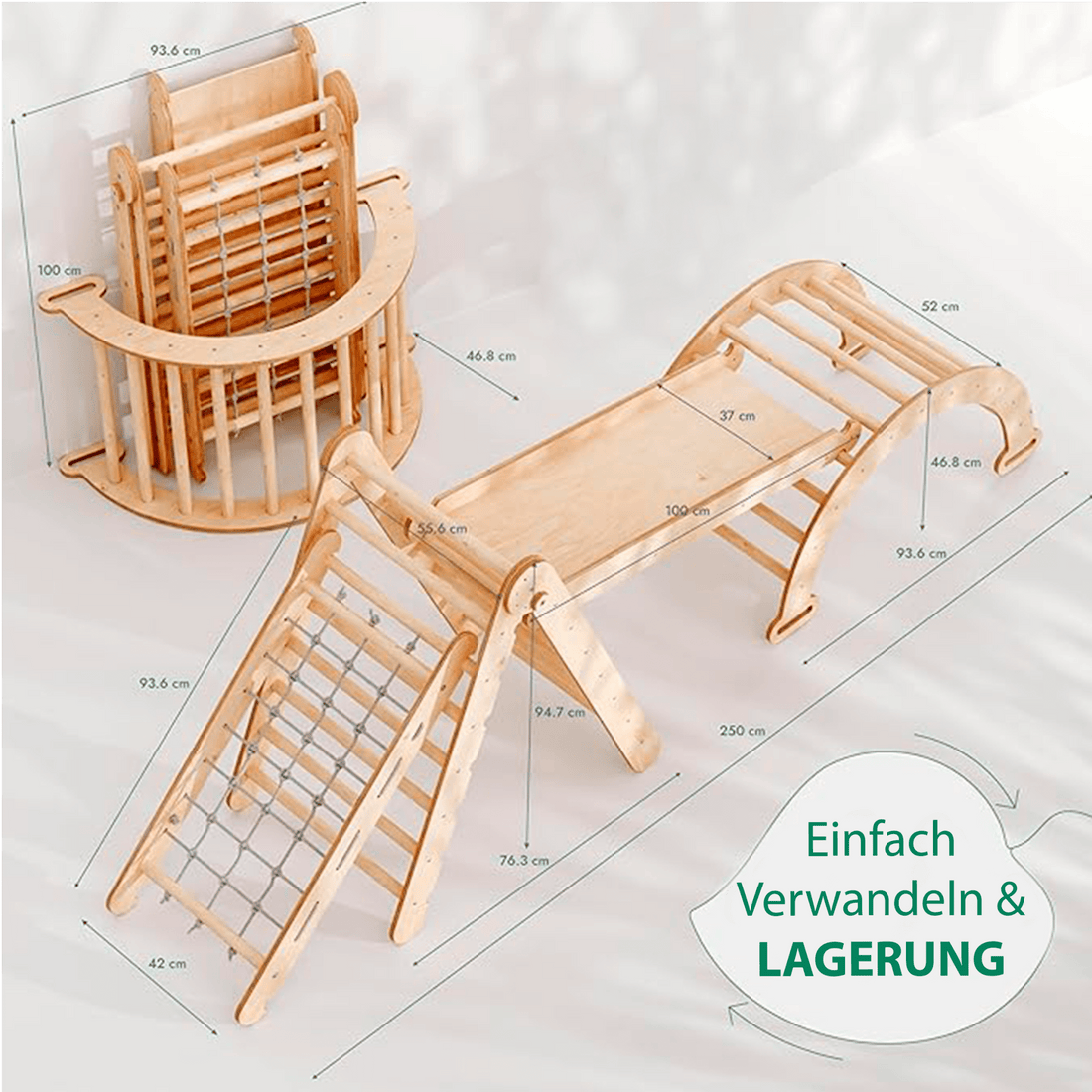 4in1 Montessori Klettergerüst Set: Kletterdreieck mit Rutsche, Kletterbogen, Kletternetz, für Kinder 1-7 Jahre – Beige